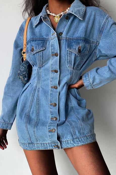 Arolora long-sleeve-button-down-waisted-denim-dress