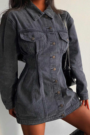 Arolora long-sleeve-button-down-waisted-denim-dress