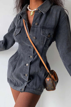 Arolora long-sleeve-button-down-waisted-denim-dress