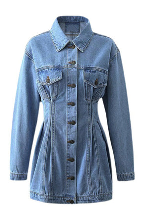 Arolora long-sleeve-button-down-waisted-denim-dress