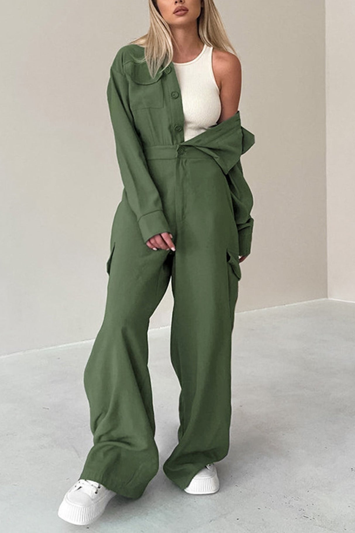 Arolora Long Sleeve Single-breasted Cargo Jumpsuits