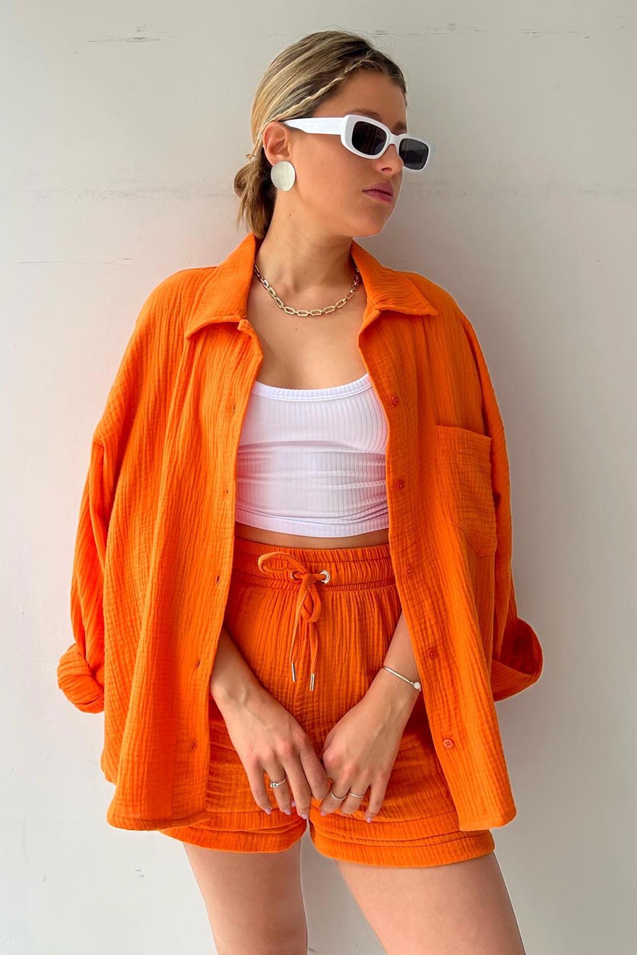 Arolora Long Sleeve Solid Color Shirt Shorts Set