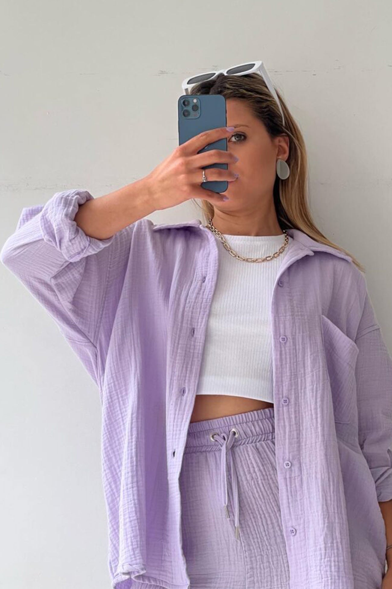 Arolora Long Sleeve Solid Color Shirt Shorts Set