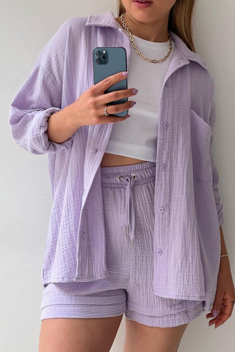 Arolora Long Sleeve Solid Color Shirt Shorts Set