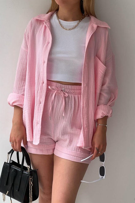 Arolora Long Sleeve Solid Color Shirt Shorts Set
