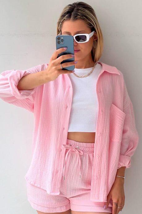 Arolora Long Sleeve Solid Color Shirt Shorts Set
