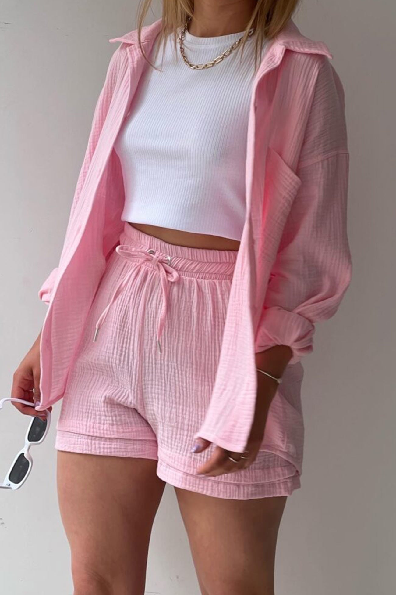 Arolora Long Sleeve Solid Color Shirt Shorts Set