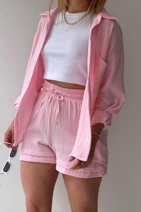 Arolora Long Sleeve Solid Color Shirt Shorts Set
