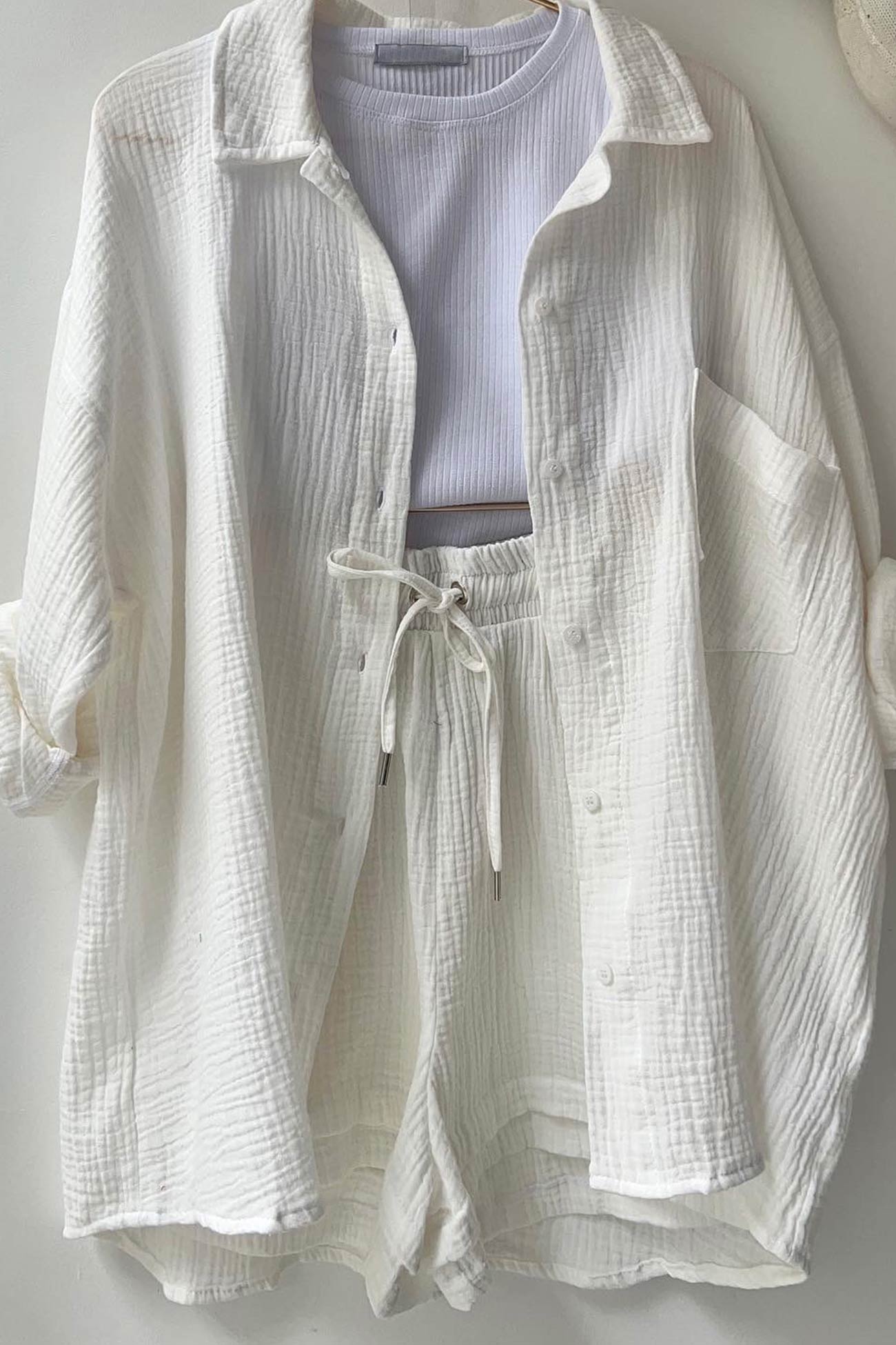 Arolora Long Sleeve Solid Color Shirt Shorts Set