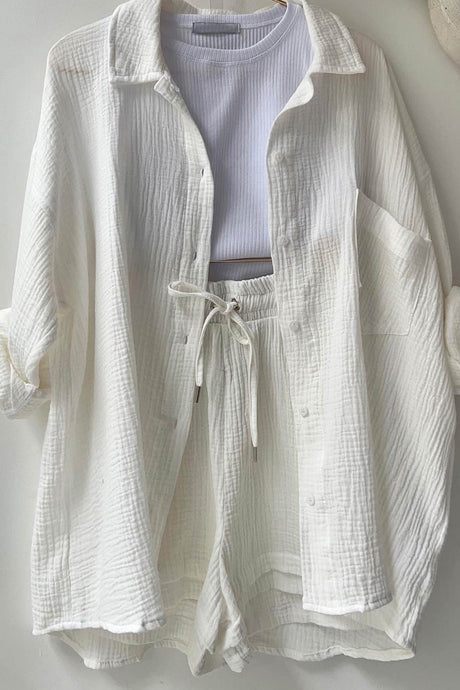 Arolora Long Sleeve Solid Color Shirt Shorts Set