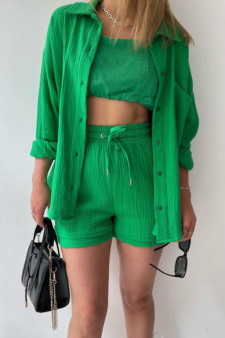 Arolora Long Sleeve Solid Color Shirt Shorts Set