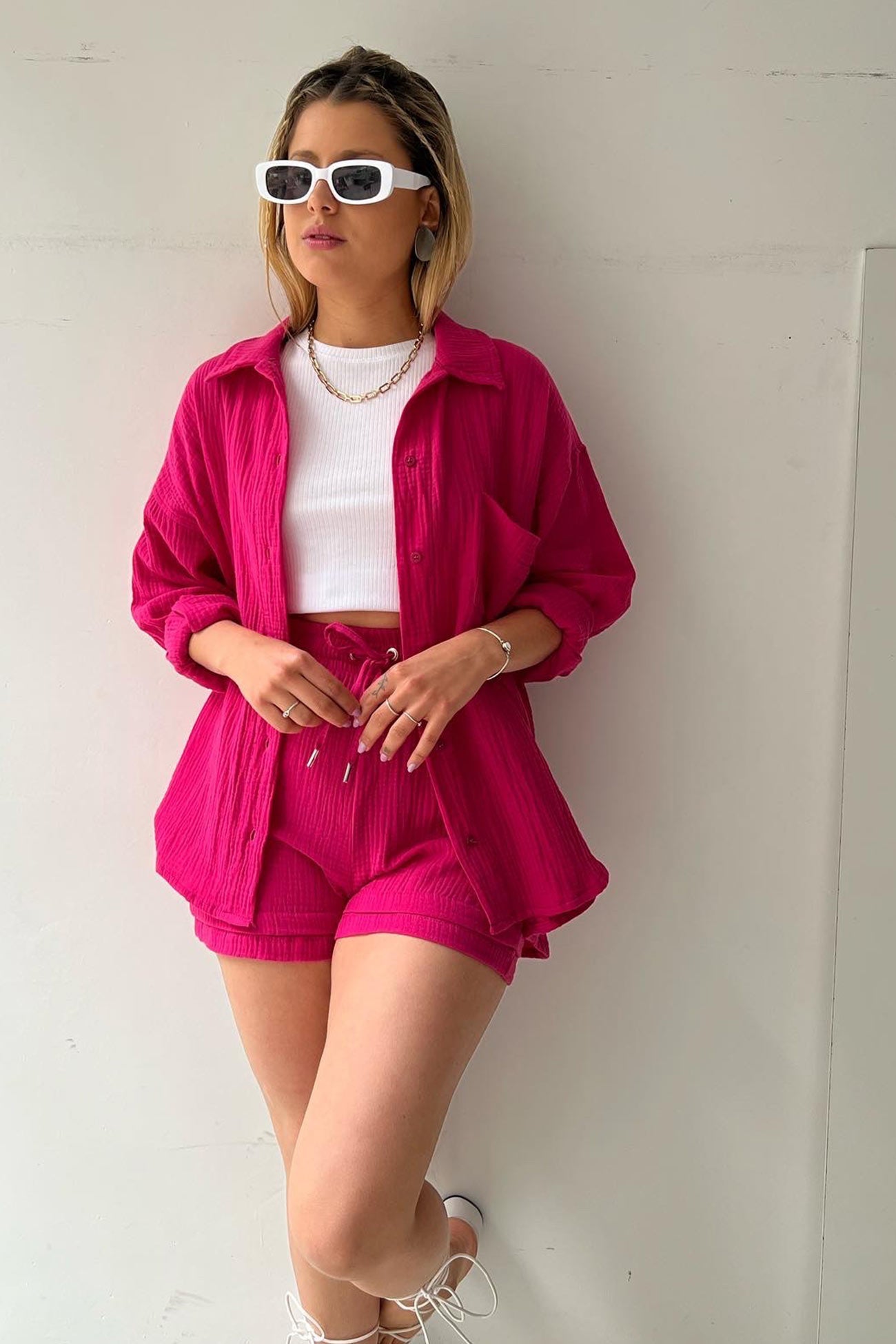 Arolora Long Sleeve Solid Color Shirt Shorts Set