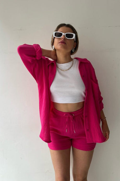 Arolora Long Sleeve Solid Color Shirt Shorts Set