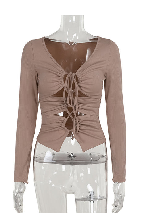 Arolora Long Sleeve Tie-up Cutout Bodycon Tops