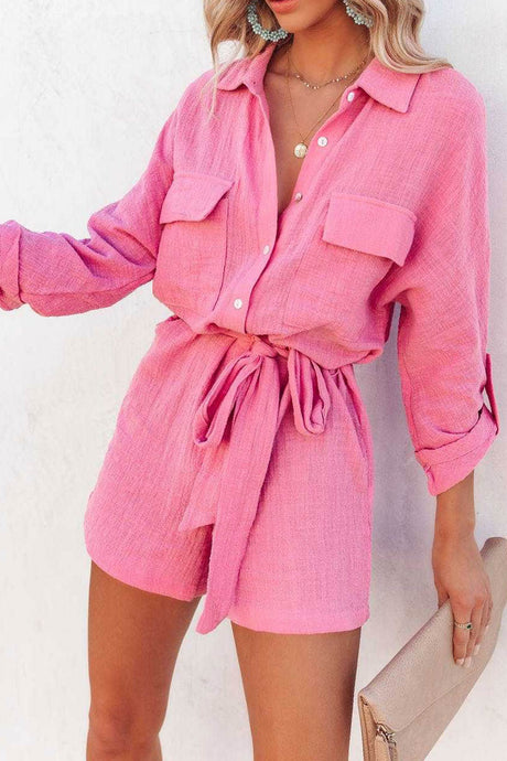 Long Sleeve Tie-waist Shirt Rompers