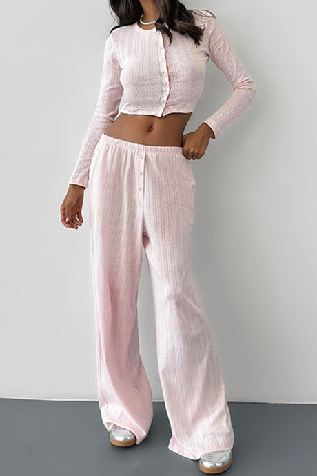 Arolora long-sleeve-single-breasted-crop-tops-long-pant-set