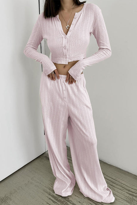 Arolora long-sleeve-single-breasted-crop-tops-long-pant-set