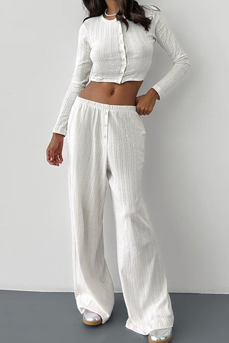 Arolora long-sleeve-single-breasted-crop-tops-long-pant-set