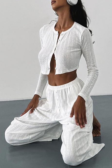 Arolora long-sleeve-single-breasted-crop-tops-long-pant-set