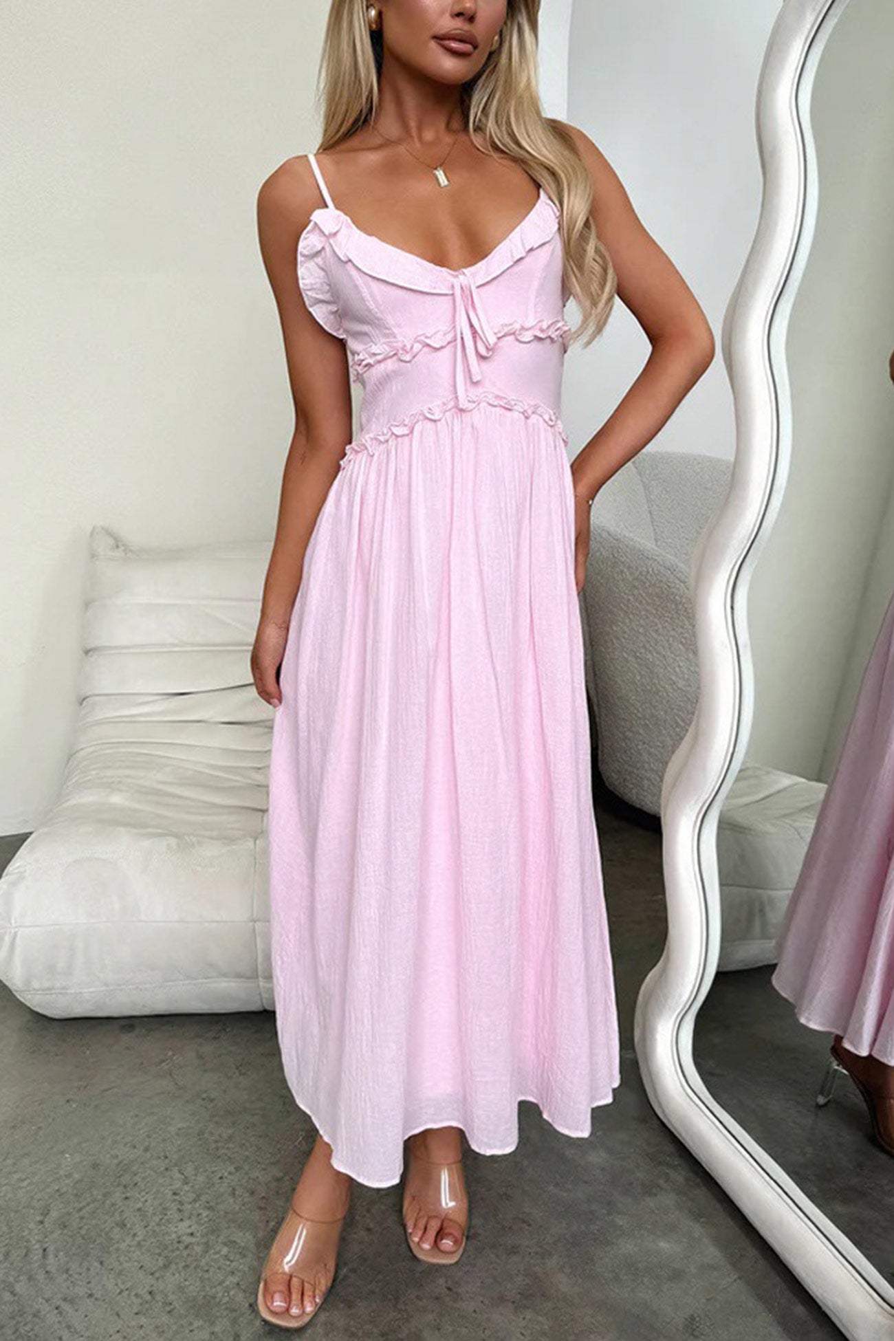 Low Cut Ruffle Cami Midi Dress AROLORA Low Cut Ruffle Cami Midi Dress AROLORA