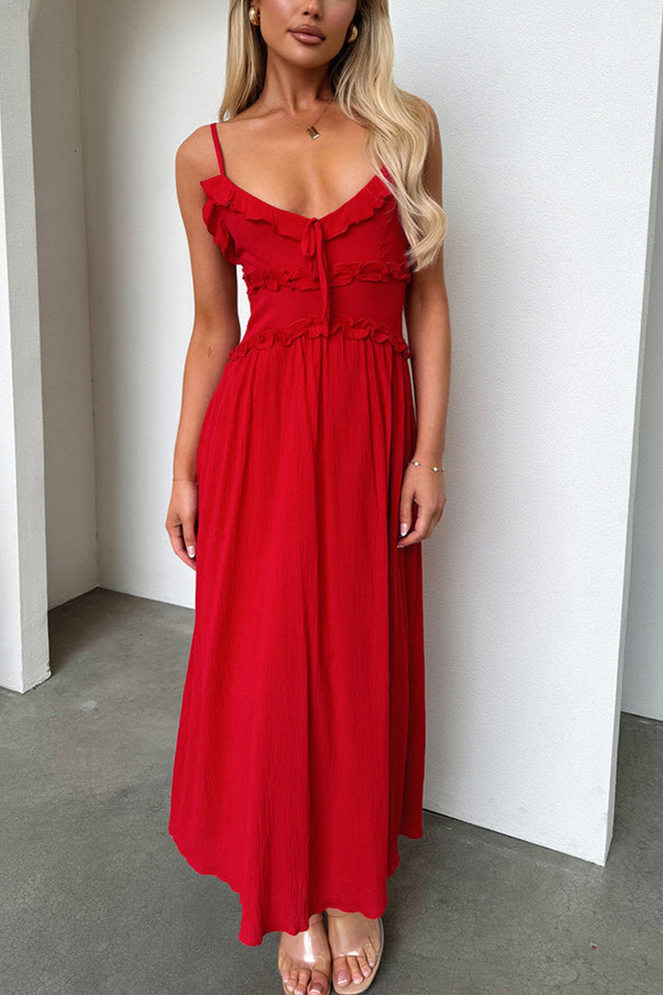 Arolora Low Cut Ruffle Cami Midi Dress