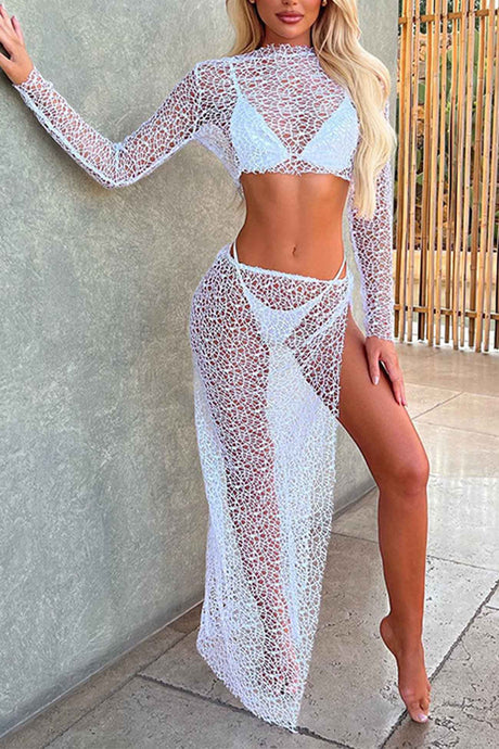 Mesh Crop Top Slit Skirt Two-Piece Set