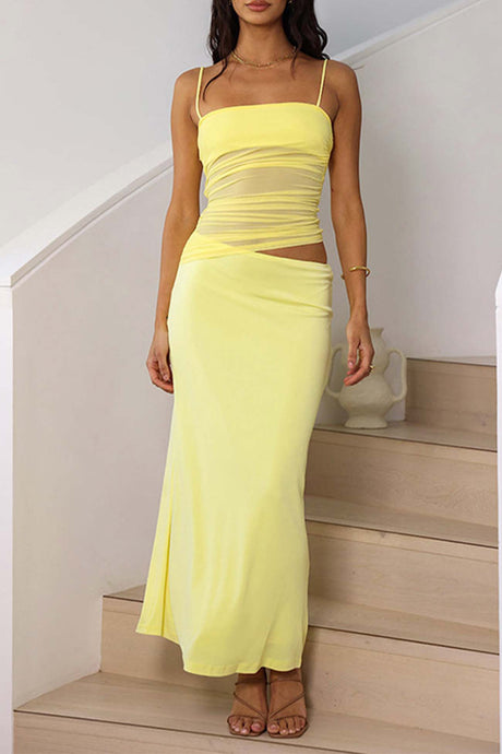 Arolora mesh-patchwork-ruched-cami-top-skirt-set