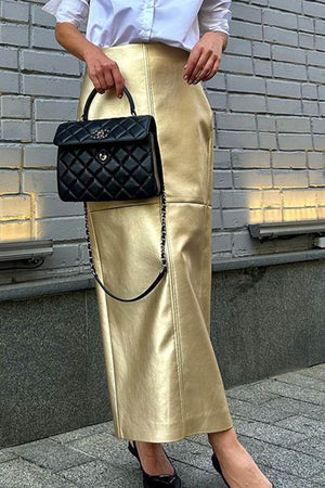 Metallic Color Pu Pack Hip Midi Skirt