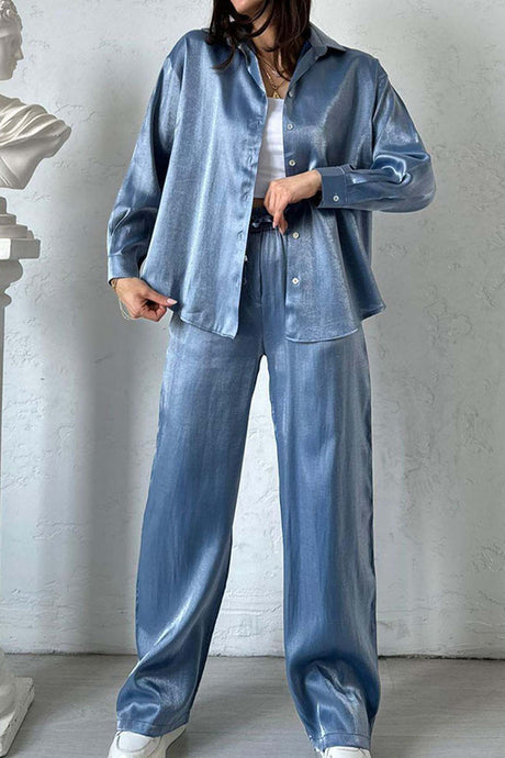 Metallic Shiny Button Down Shirt Long Pant Set
