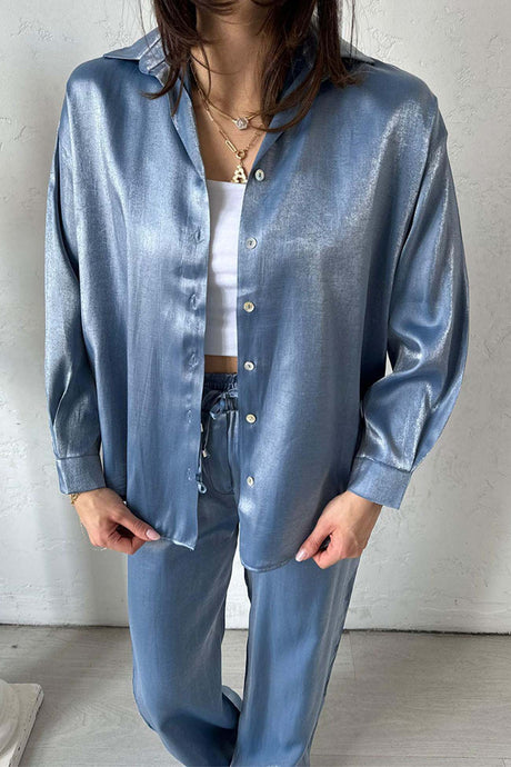 Metallic Shiny Button Down Shirt Long Pant Set