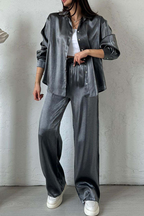 Metallic Shiny Button Down Shirt Long Pant Set