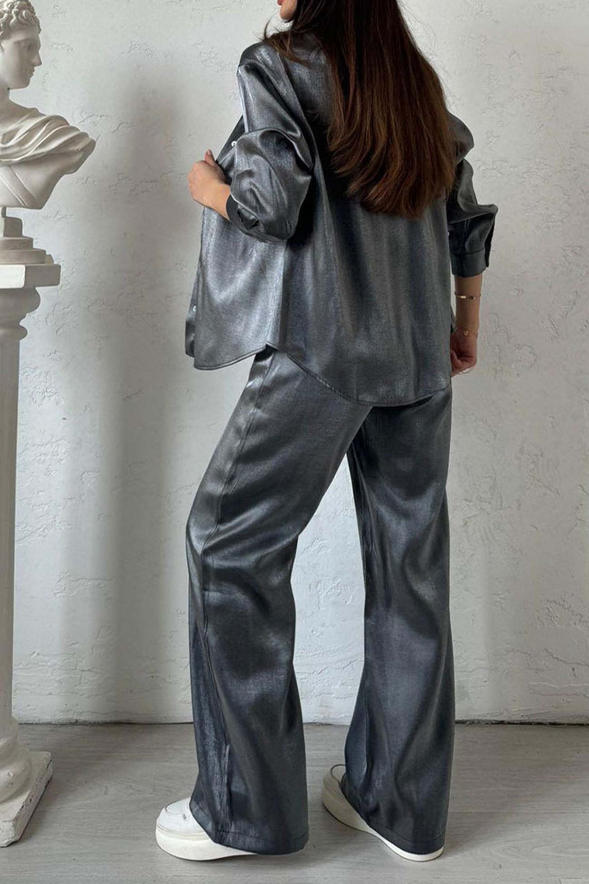 Metallic Shiny Button Down Shirt Long Pant Set