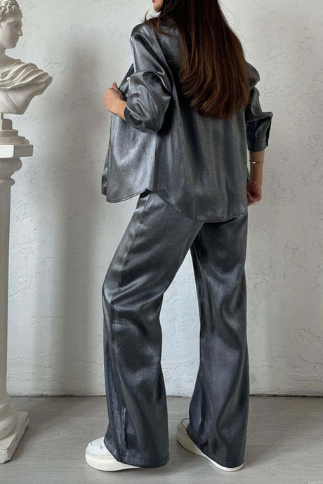 Metallic Shiny Button Down Shirt Long Pant Set