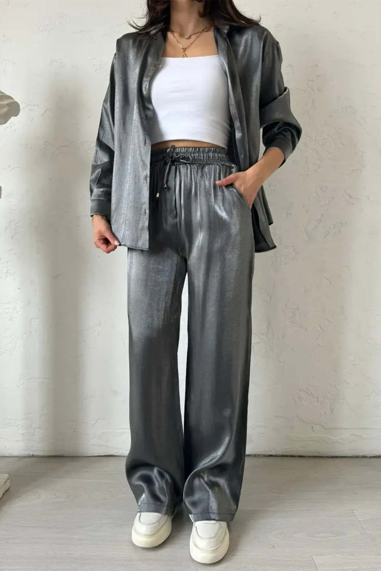 Metallic Shiny Button Down Shirt Long Pant Set