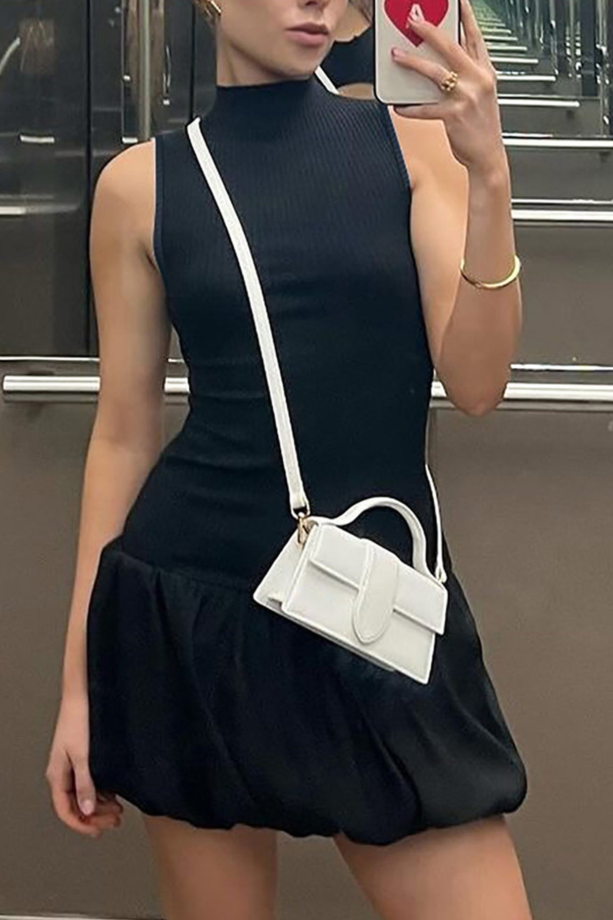 Arolora Mock Neck Cowl Back Knit Patchwork Ballon Dress