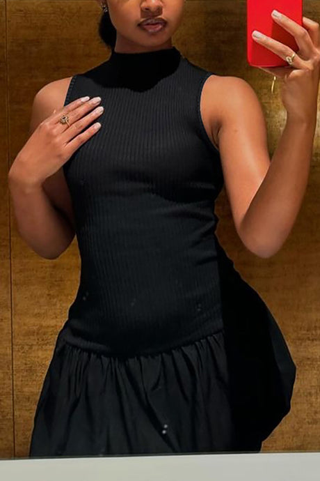 Arolora Mock Neck Cowl Back Knit Patchwork Ballon Dress