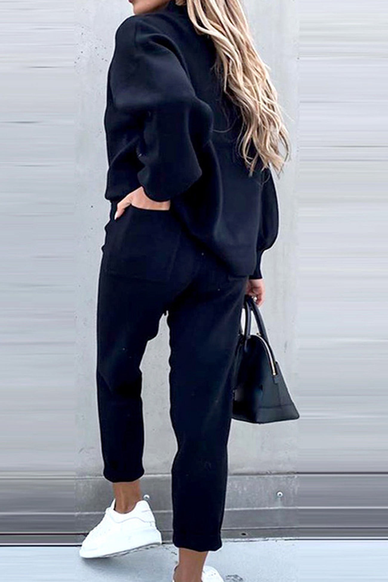 Mock Neck Puff Sleeve Sweatshirt Long Pants Suits  Tracksuit women, Long  sleeve workout, Solid clothes