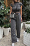 Mock Neck Short Sleeve Ruched Long Pant Set