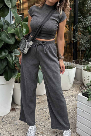 Mock Neck Short Sleeve Ruched Long Pant Set