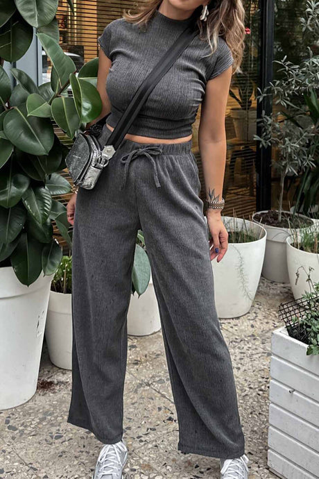 Mock Neck Short Sleeve Ruched Long Pant Set