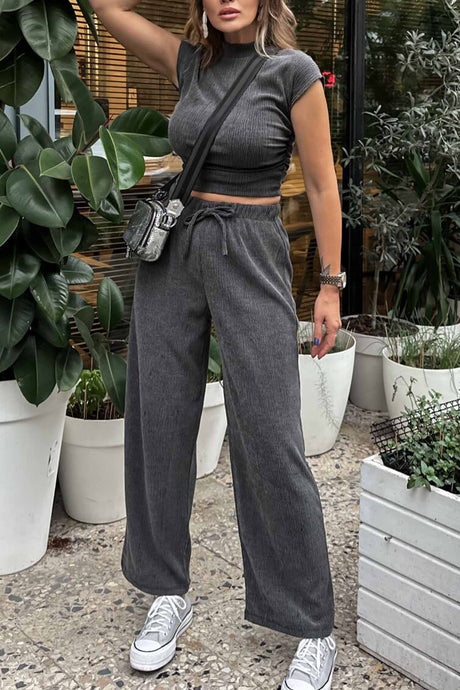 Mock Neck Short Sleeve Ruched Long Pant Set