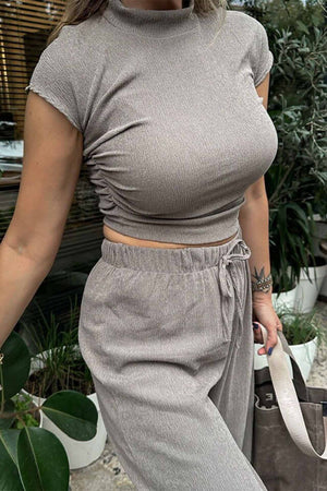 Mock Neck Short Sleeve Ruched Long Pant Set