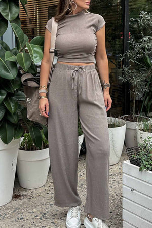 Mock Neck Short Sleeve Ruched Long Pant Set