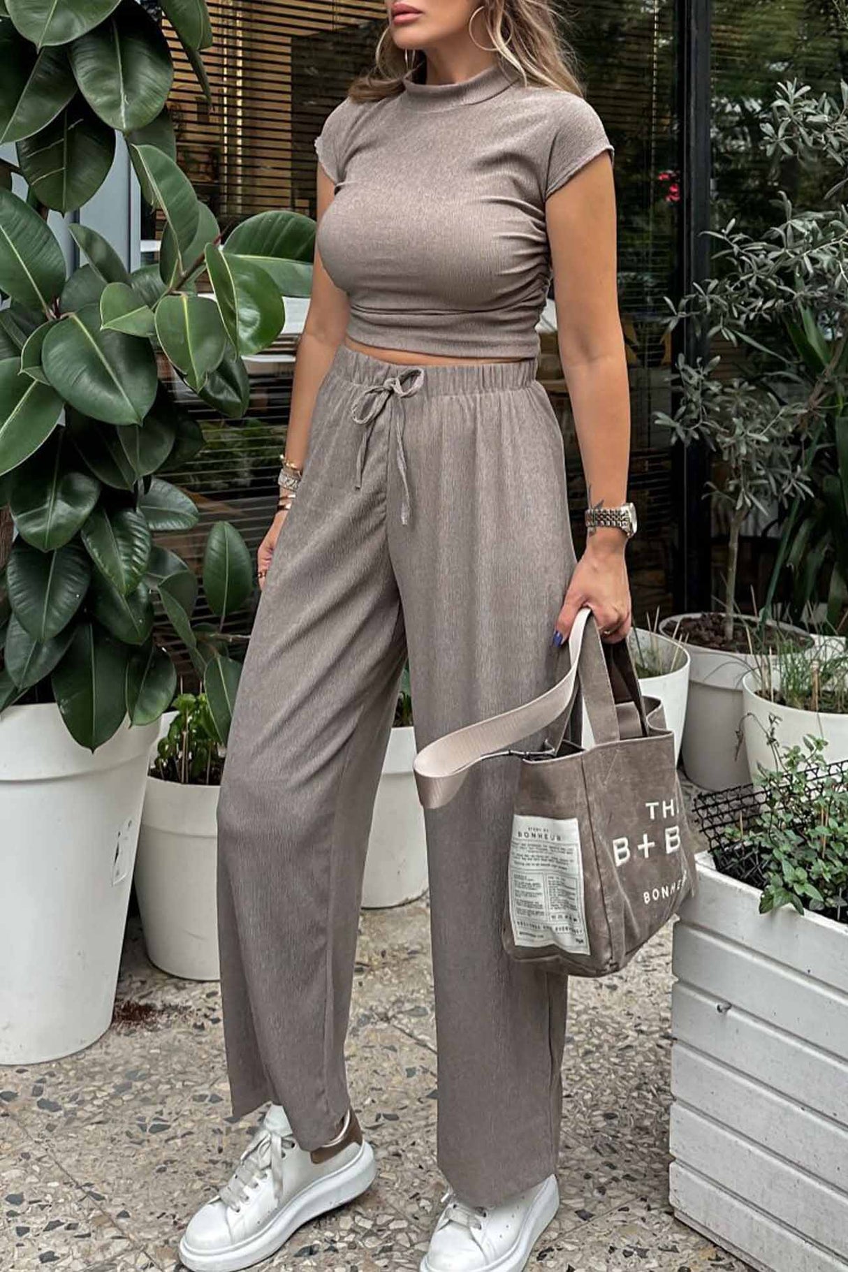 Mock Neck Short Sleeve Ruched Long Pant Set