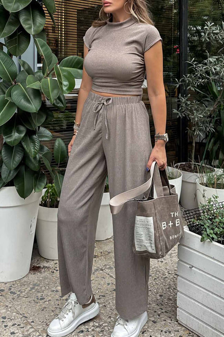 Mock Neck Short Sleeve Ruched Long Pant Set