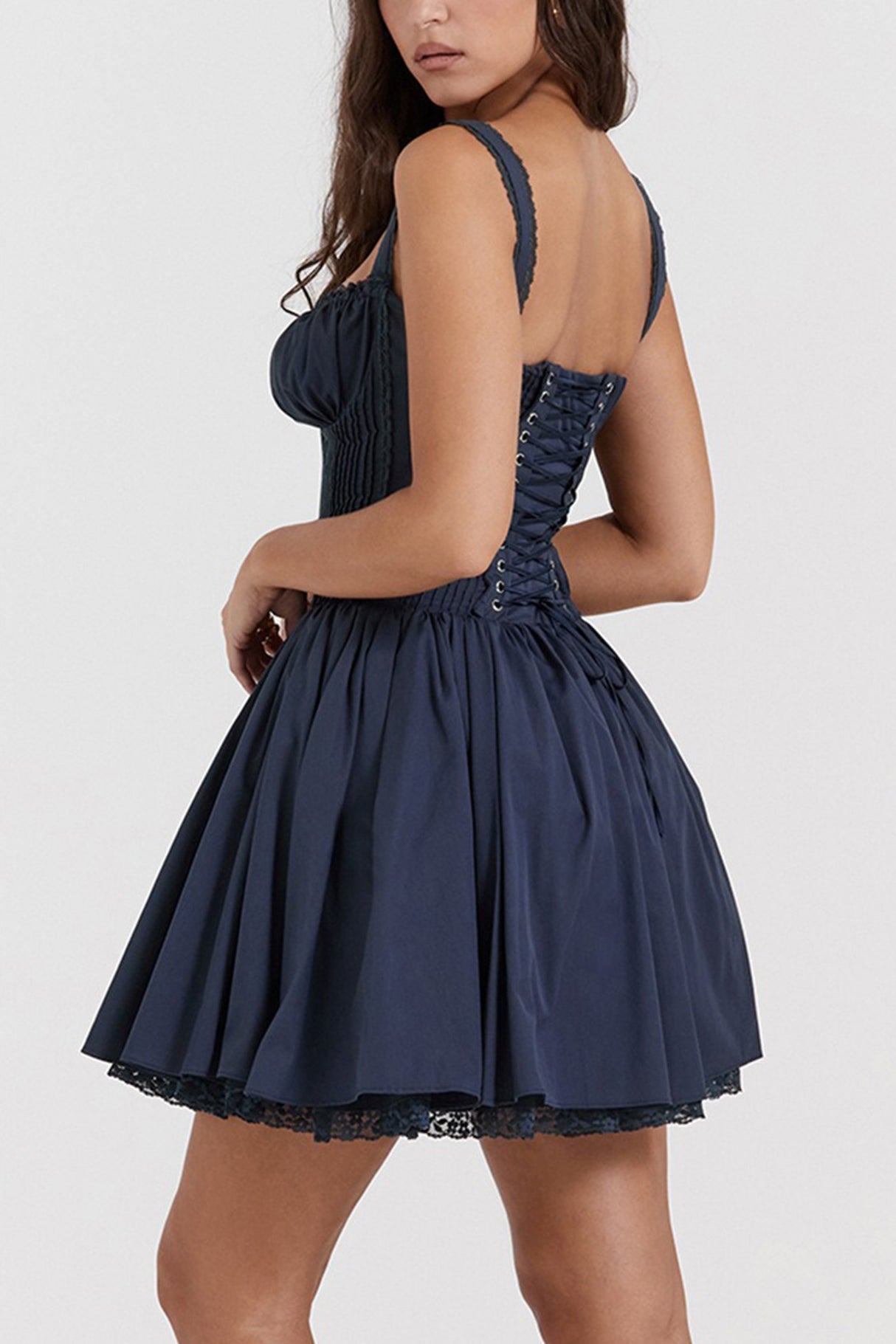 White Lace Stitching Strappy Ruched Cami Dress