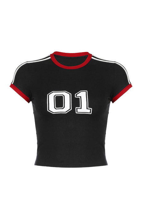 Arolora Number Printed Contrast Raglan Sleeve Crop Tops