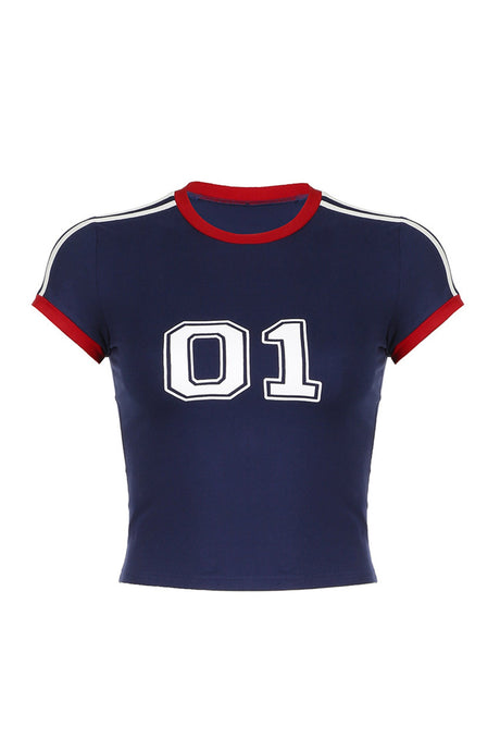 Arolora Number Printed Contrast Raglan Sleeve Crop Tops