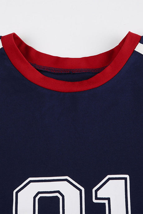 Arolora Number Printed Contrast Raglan Sleeve Crop Tops