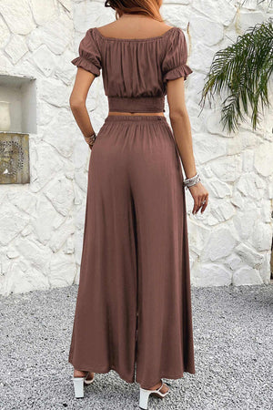 Arolora off-shoulder-crop-top-tie-up-pants-suits